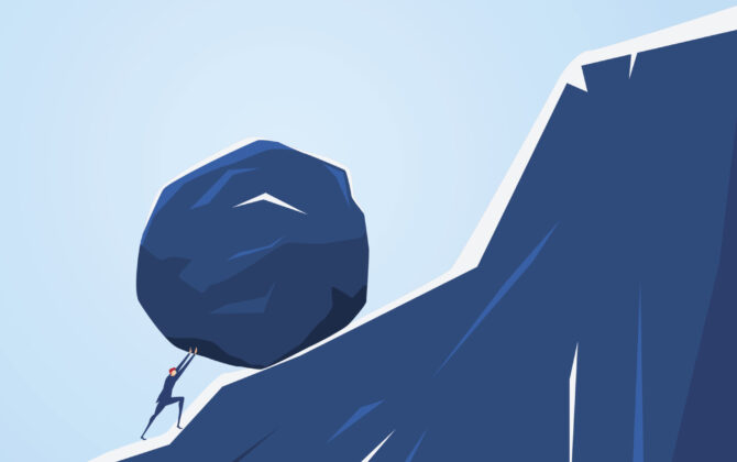 Illustration of a businessman pushing huge stone up the hill in the style of Sisyphus.