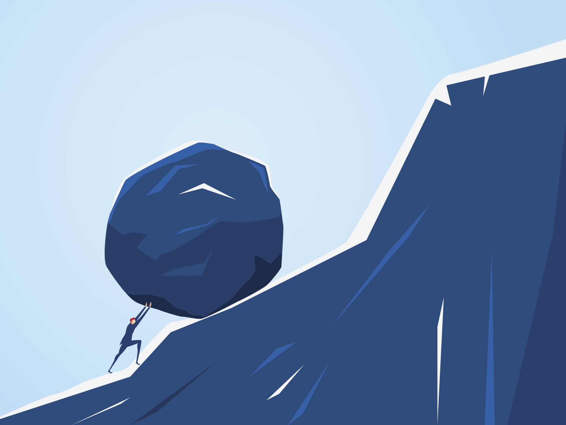 Illustration of a businessman pushing huge stone up the hill in the style of Sisyphus.