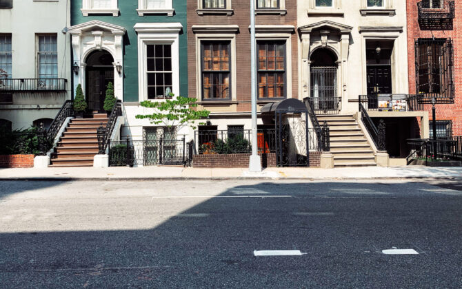 Colorful row of brownstone houses