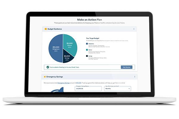 laptop layout showing making an action plan, budget guidance and emergency savings