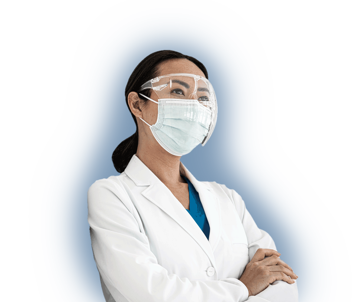 female medical professional wearing a white coat with surgical mask and glasses, laurel road for doctors