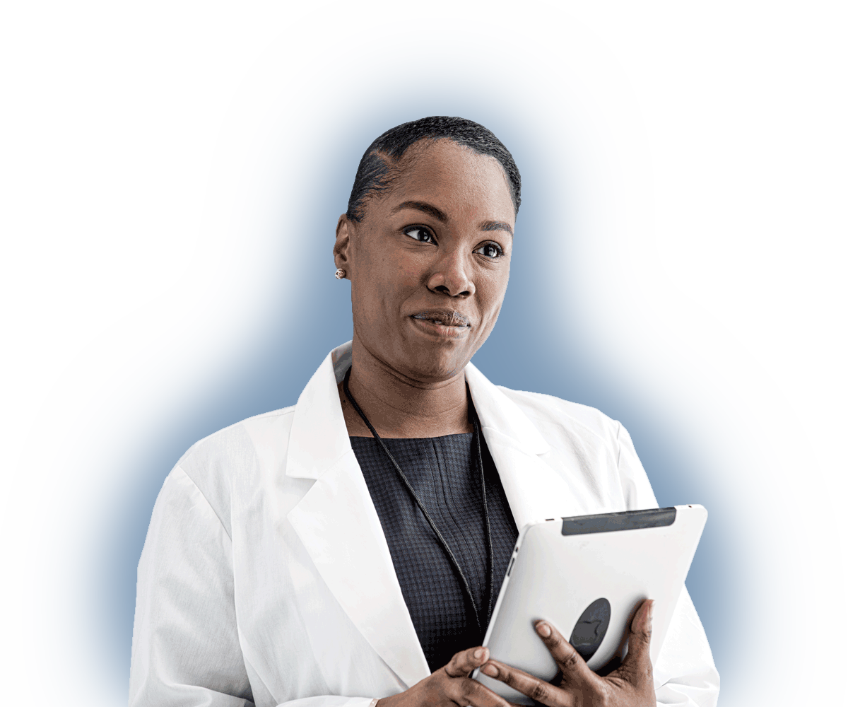 a female doctor wearing a white coat and holding a silver iPad, laurel road for doctors