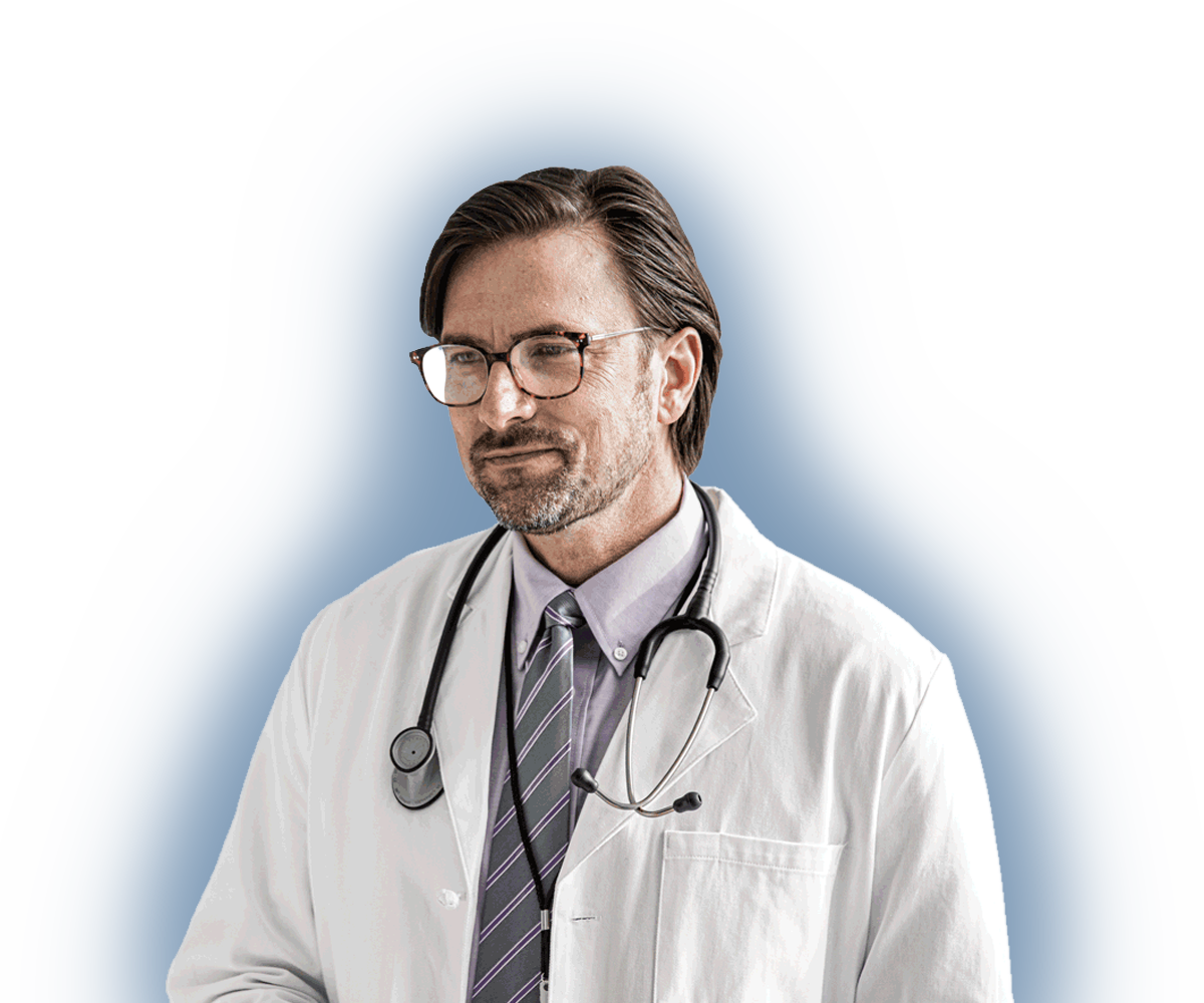 a male doctor with glasses wearing a white coat with a stethoscope looking to his right side, laurel road for doctors