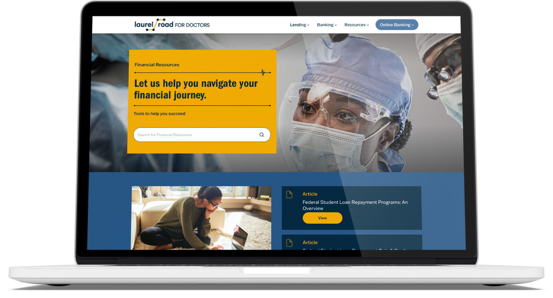 laptop displaying laurel road financial resources for doctors home page on the screen