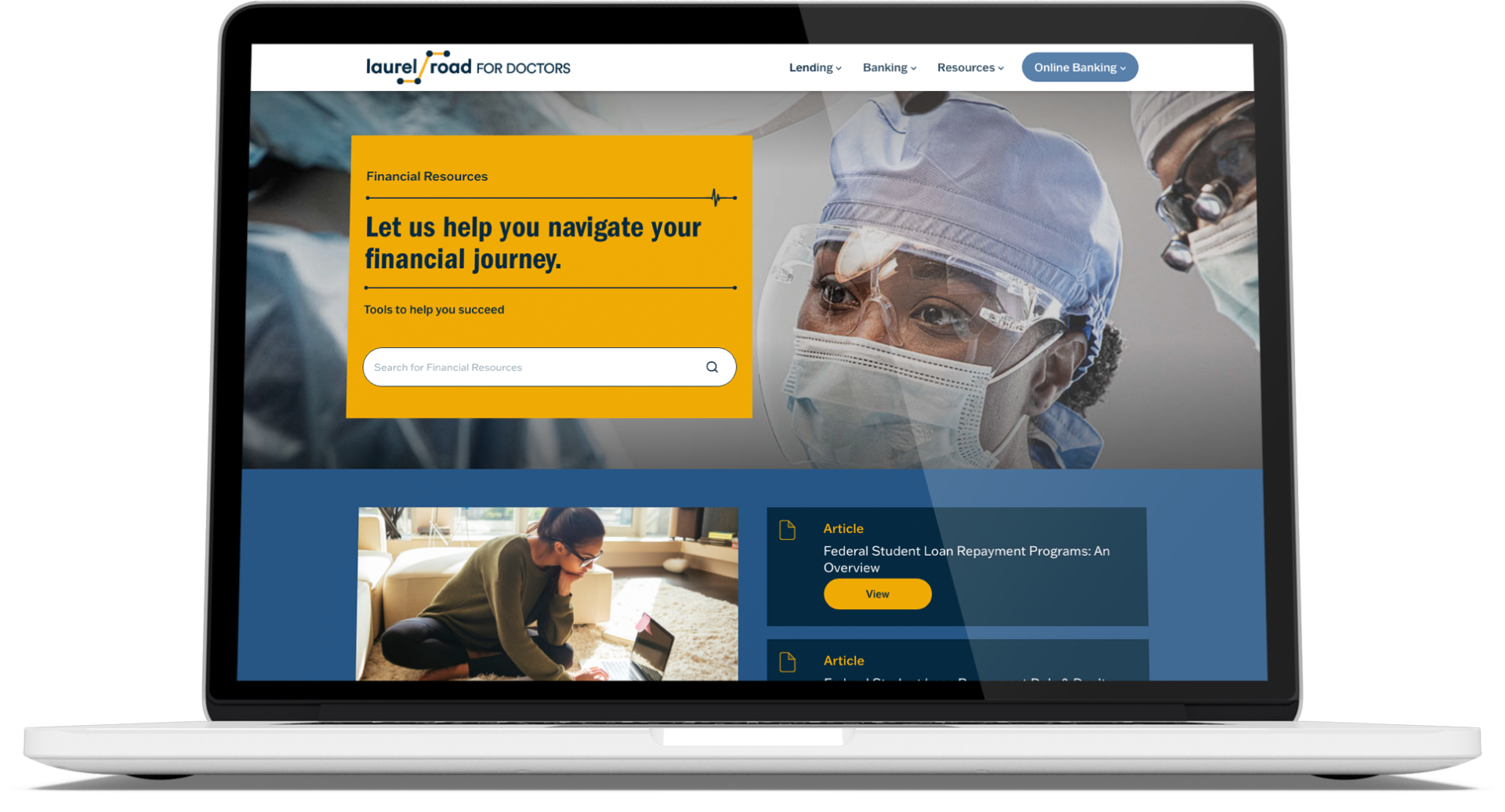 laptop displaying laurel road financial resources for doctors home page on the screen