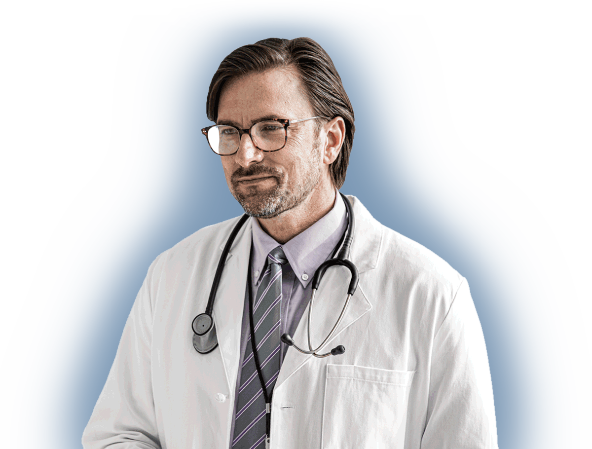 a male doctor with glasses wearing a white coat with a stethoscope, financial piece of mind for doctors