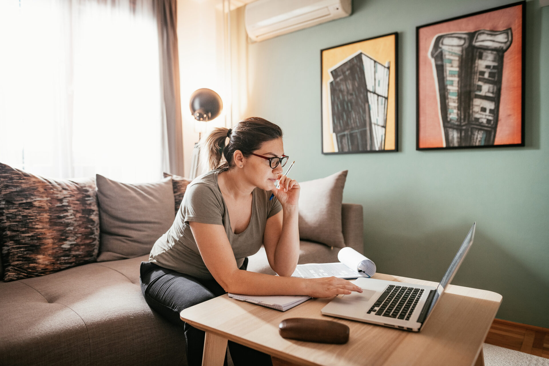 Businesswoman researching low-risk investments