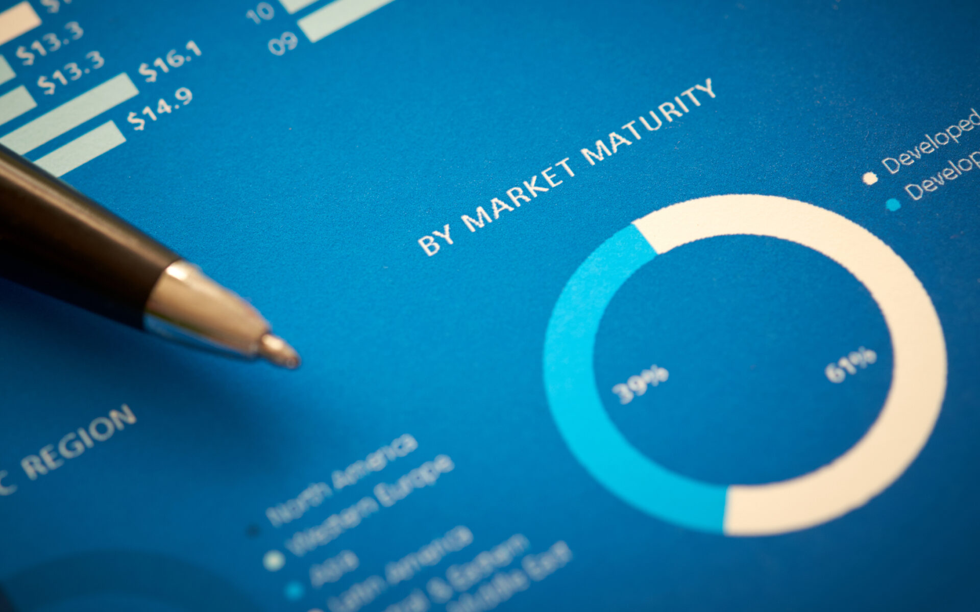 A close up of a business annual report on market maturity.