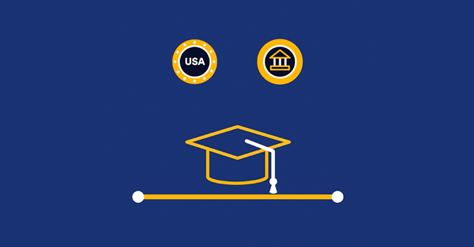 Icon depicting a mortarboard, a bank, and the united states, symbolizing private vs student federal loans