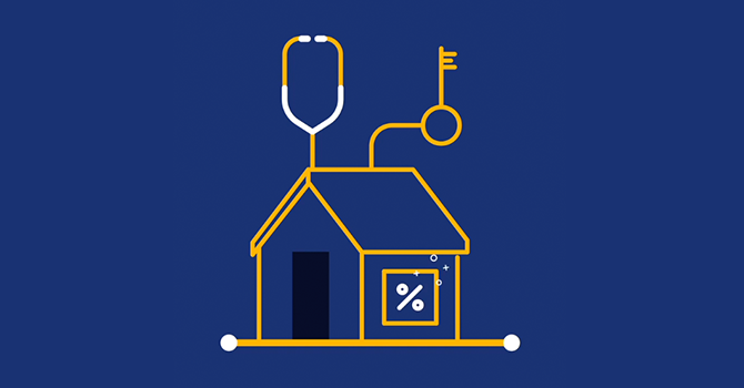 Icon depicting a home with a stethoscope, key, and percentage symbol