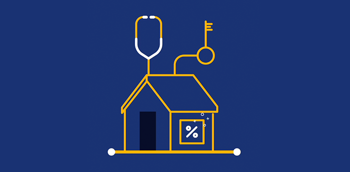 Icon depicting a home with a stethoscope, key, and percentage symbol