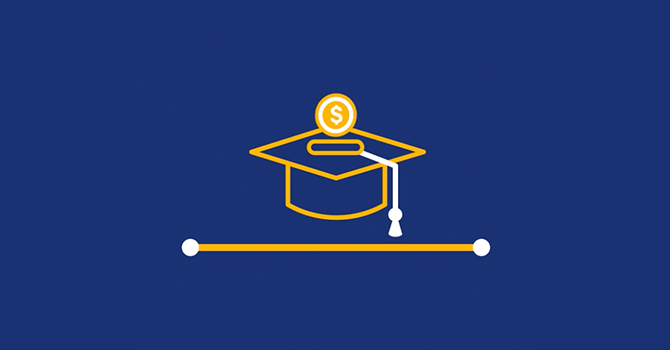 Icon depicting a mortarboard and loan repayment