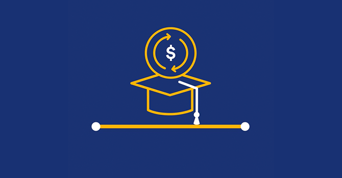 Icon depicting a mortarboard and loan repayment