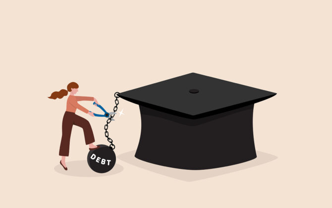 Illustration of young adult woman cutting a chain to obtain relief from student loan debt burden metal ball from graduation mortarboard