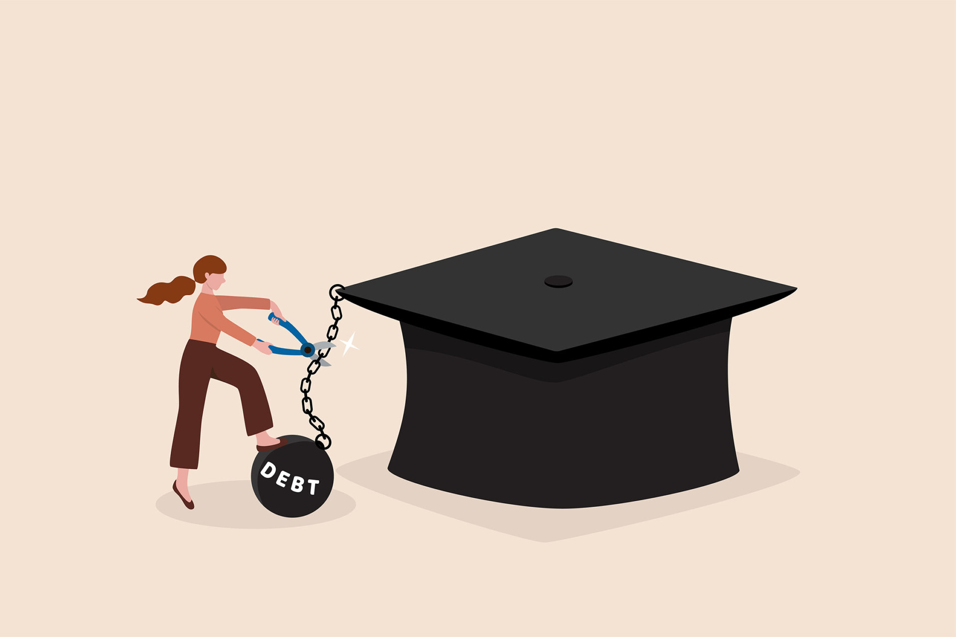 Illustration of young adult woman cutting a chain to obtain relief from student loan debt burden metal ball from graduation mortarboard