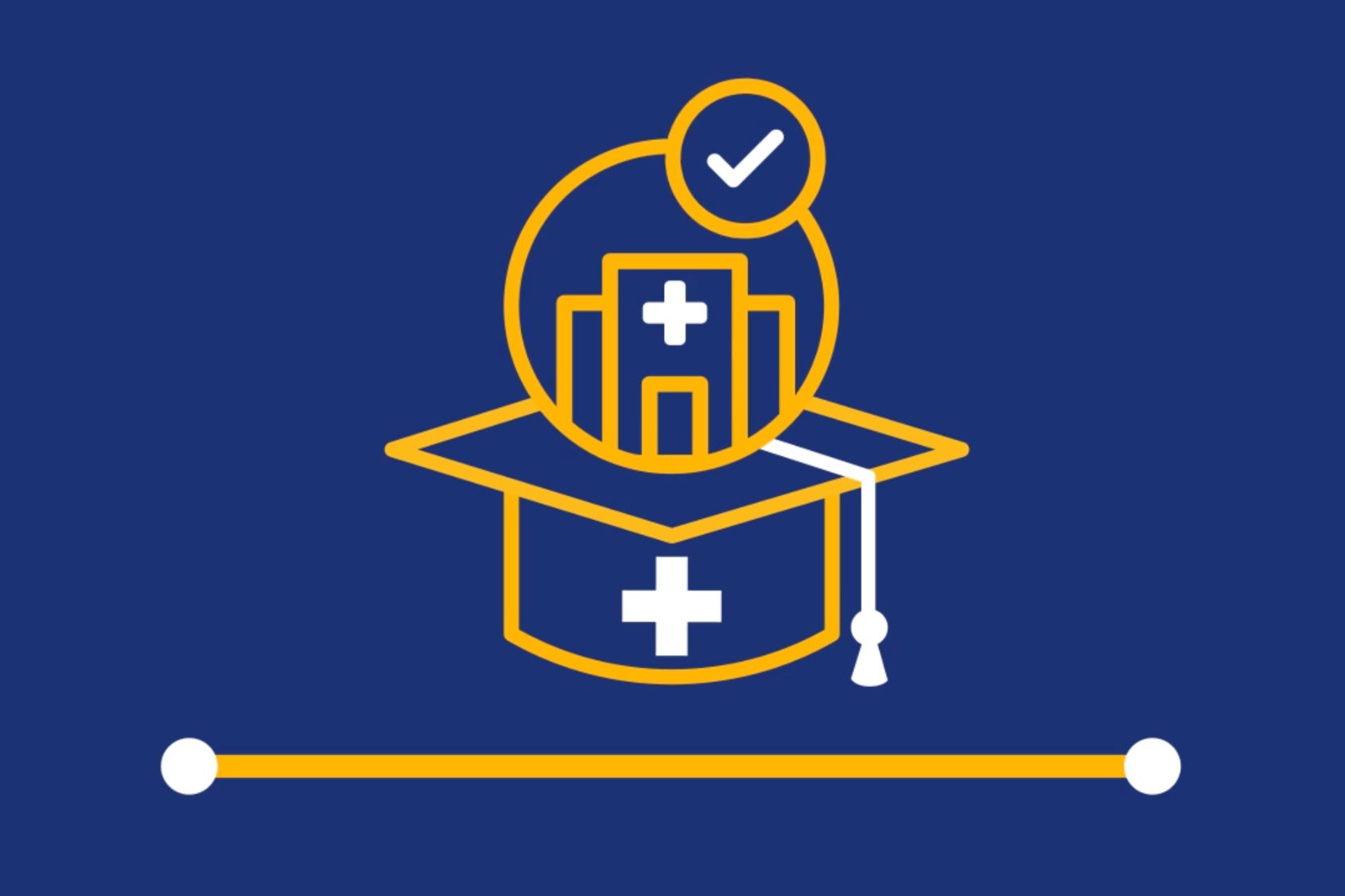 Icon with a mortarboard and a floating hospital image, depicting graduates entering medical school