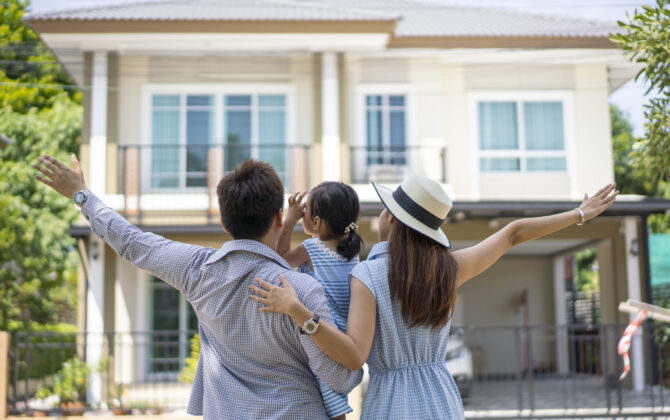 A happy family walking home