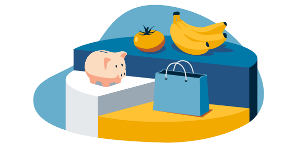 Image depicting piggy bank, bananas, a tomato, and a shopping bag