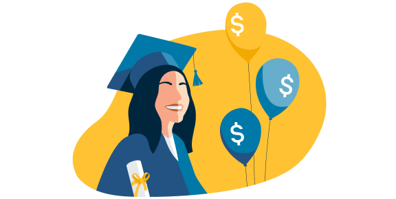Illustrated image of a recent graduate in a mortarboard and gown, holding a diploma, next to balloons with dollar signs, depicting loan debt.