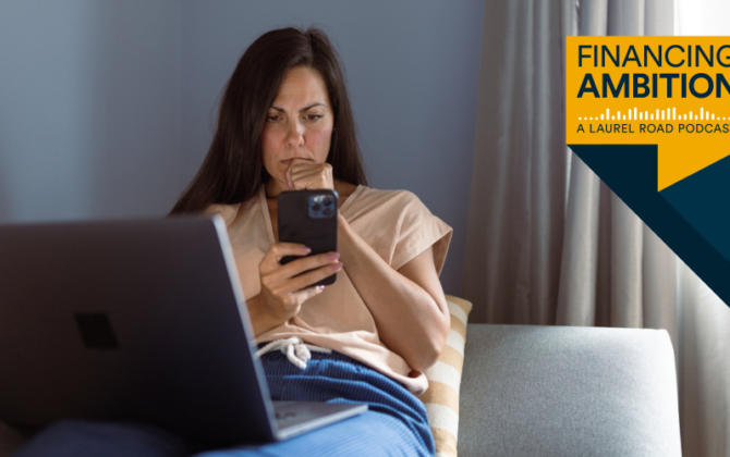 a woman listening to the podcast about how to spot and avoid frauds